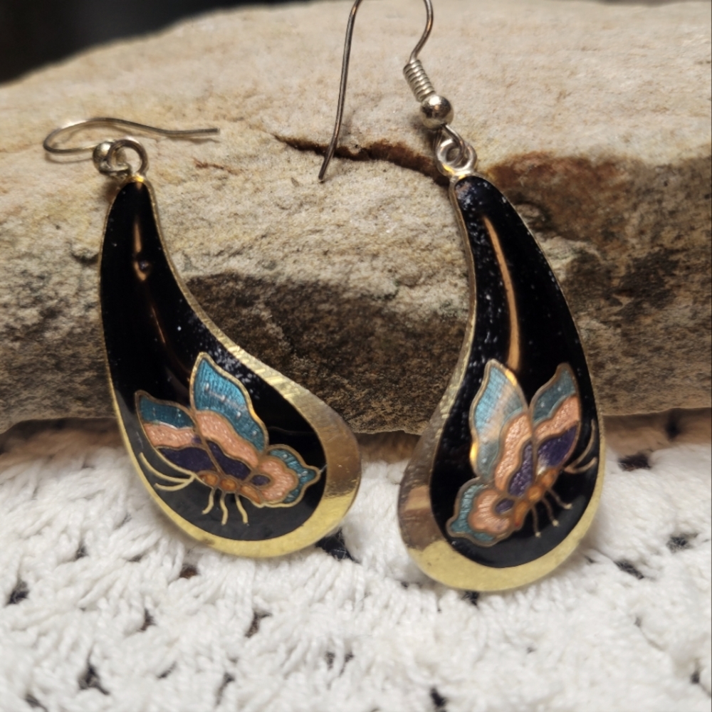 Vintage - Butterfly Earings with Black and Gold Trim